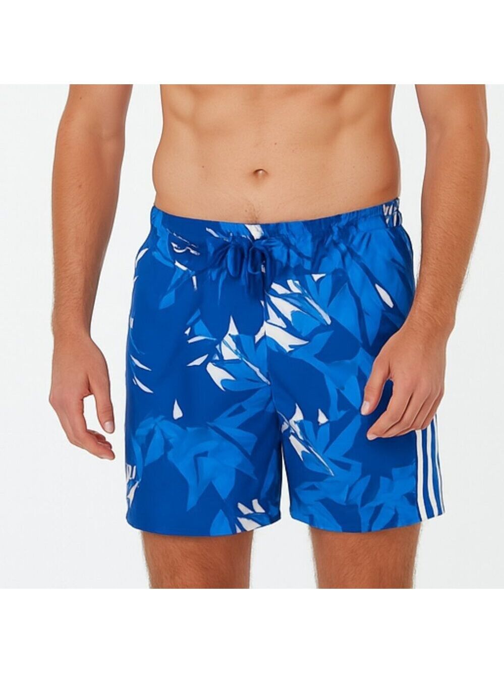 Adidas Swim Trunks Blue White Size Large 3 Stripe Mesh Lined Drawstring Waist